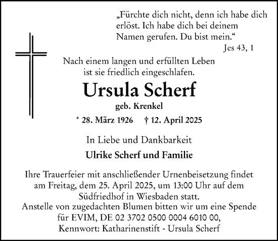 Traueranzeige von Ursula Scherf von Wiesbadener Kurier