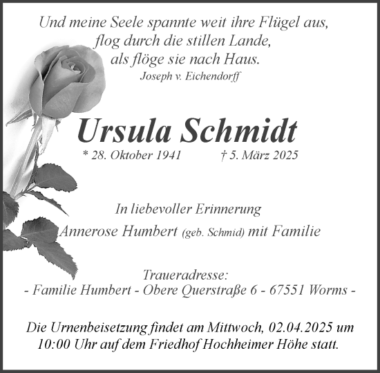 Traueranzeige von Ursula Schmidt von Wormser Zeitung