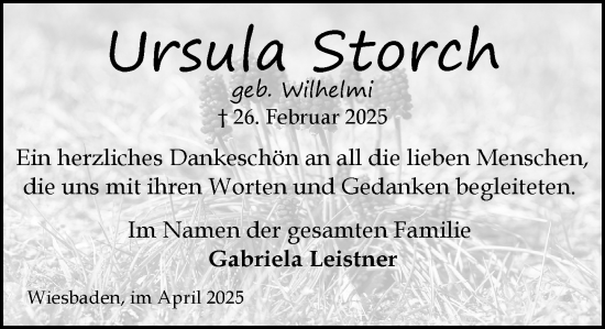 Traueranzeige von Ursula Storch von Wiesbadener Kurier
