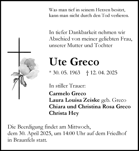 Traueranzeige von Ute Greco von Wetzlarer Neue Zeitung