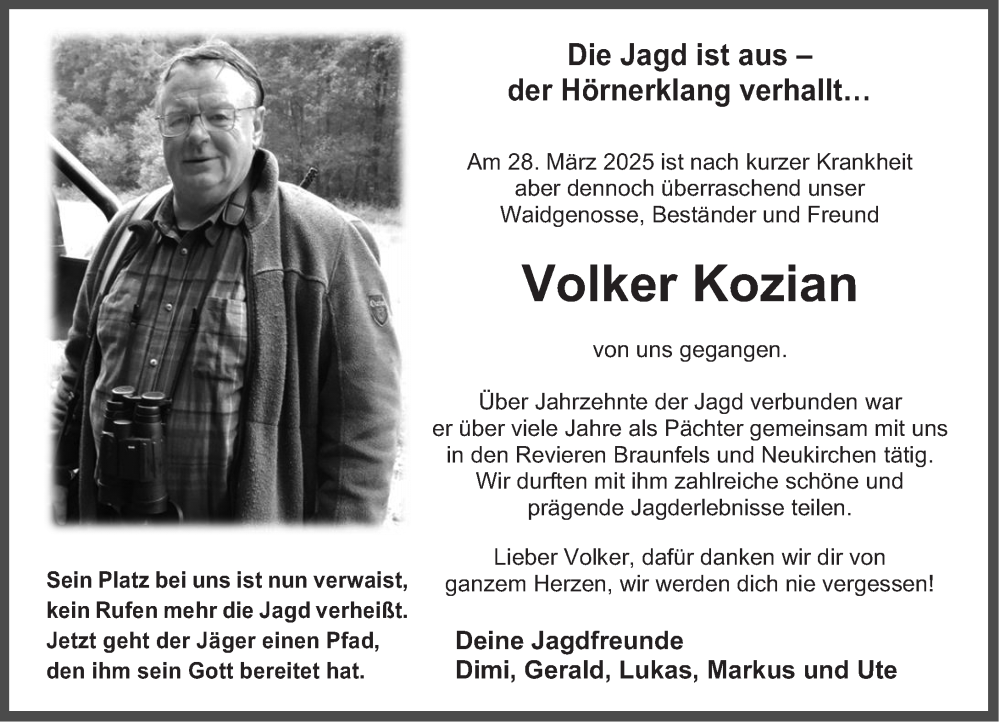  Traueranzeige für Volker Kozian vom 19.04.2025 aus Wetzlarer Neue Zeitung