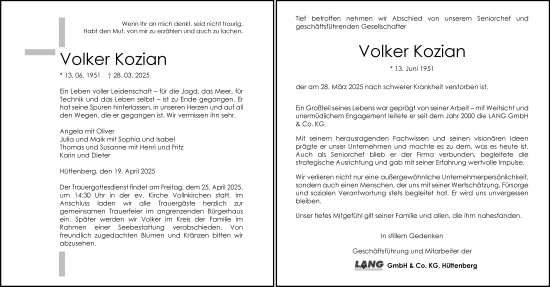 Traueranzeige von Volker Kozian von Wetzlarer Neue Zeitung