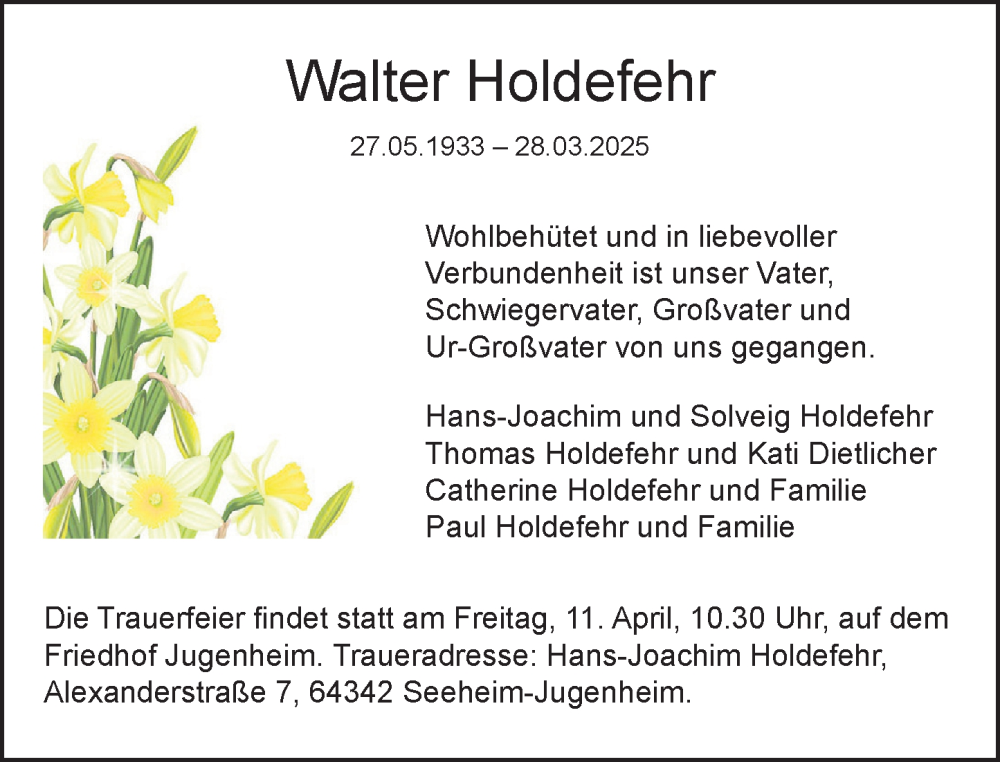  Traueranzeige für Walter Holdefehr vom 05.04.2025 aus Wormser Zeitung