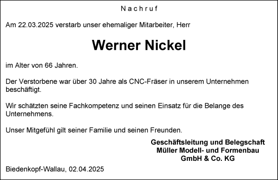 Traueranzeige von Werner Nickel von Hinterländer Anzeiger