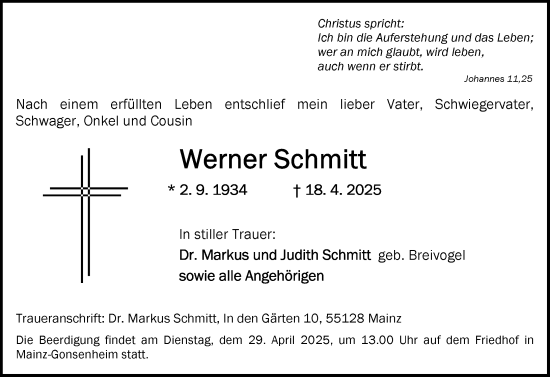 Traueranzeige von Werner Schmitt von Allgemeine Zeitung Mainz