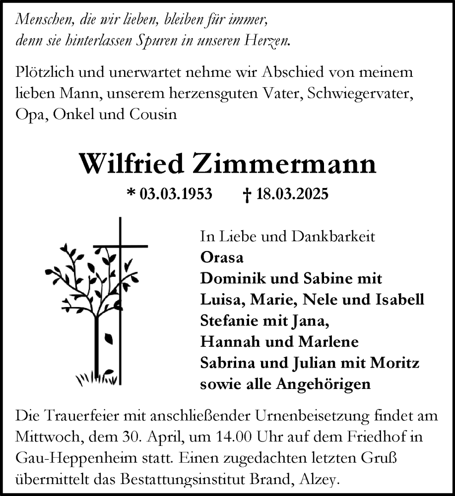  Traueranzeige für Wilfried Zimmermann vom 26.04.2025 aus Allgemeine Zeitung Alzey