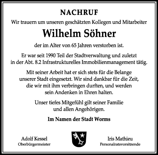 Traueranzeige von Wilhelm Söhner von Wormser Zeitung