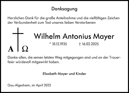 Traueranzeige von Wilhelm Antonius Mayer von Allgemeine Zeitung Rheinhessen-Nahe