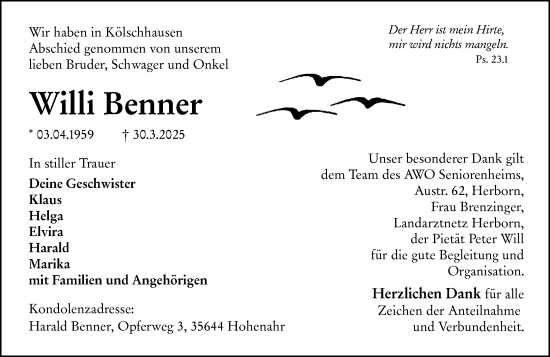 Traueranzeige von Willi Benner von Wetzlarer Neue Zeitung