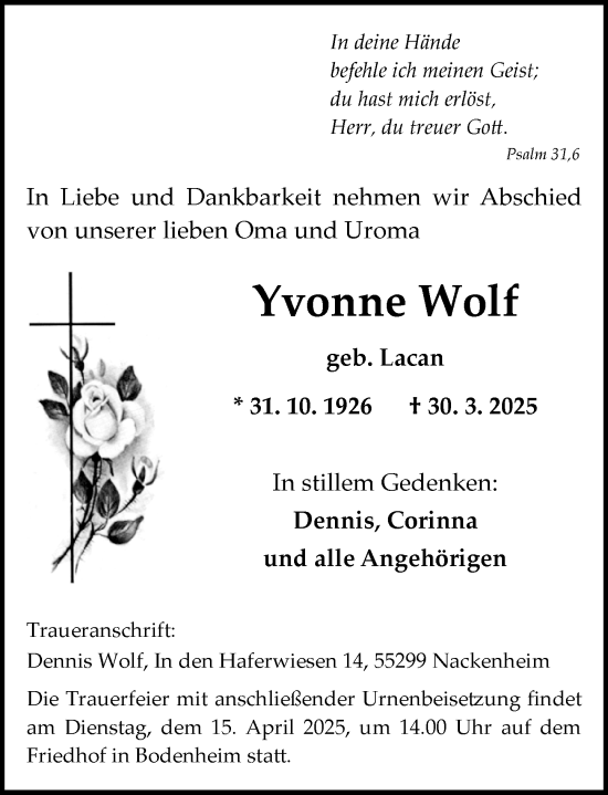 Traueranzeige von Yvonne Wolf von Allgemeine Zeitung Mainz