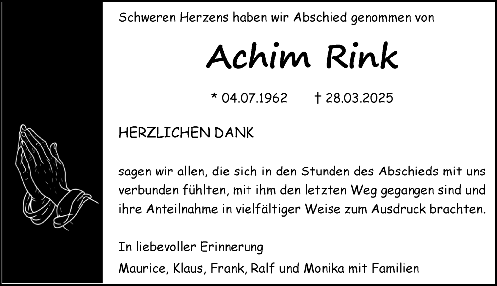  Traueranzeige für Achim Rink vom 17.05.2025 aus Allgemeine Zeitung Alzey