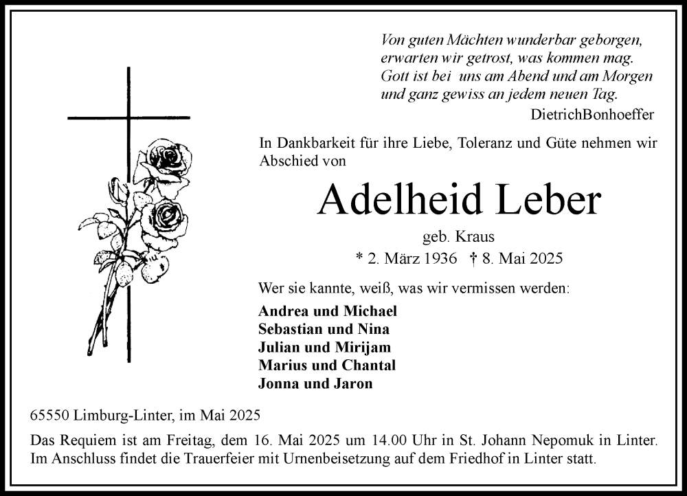  Traueranzeige für Adelheid Leber vom 10.05.2025 aus Nassauische Neue Presse