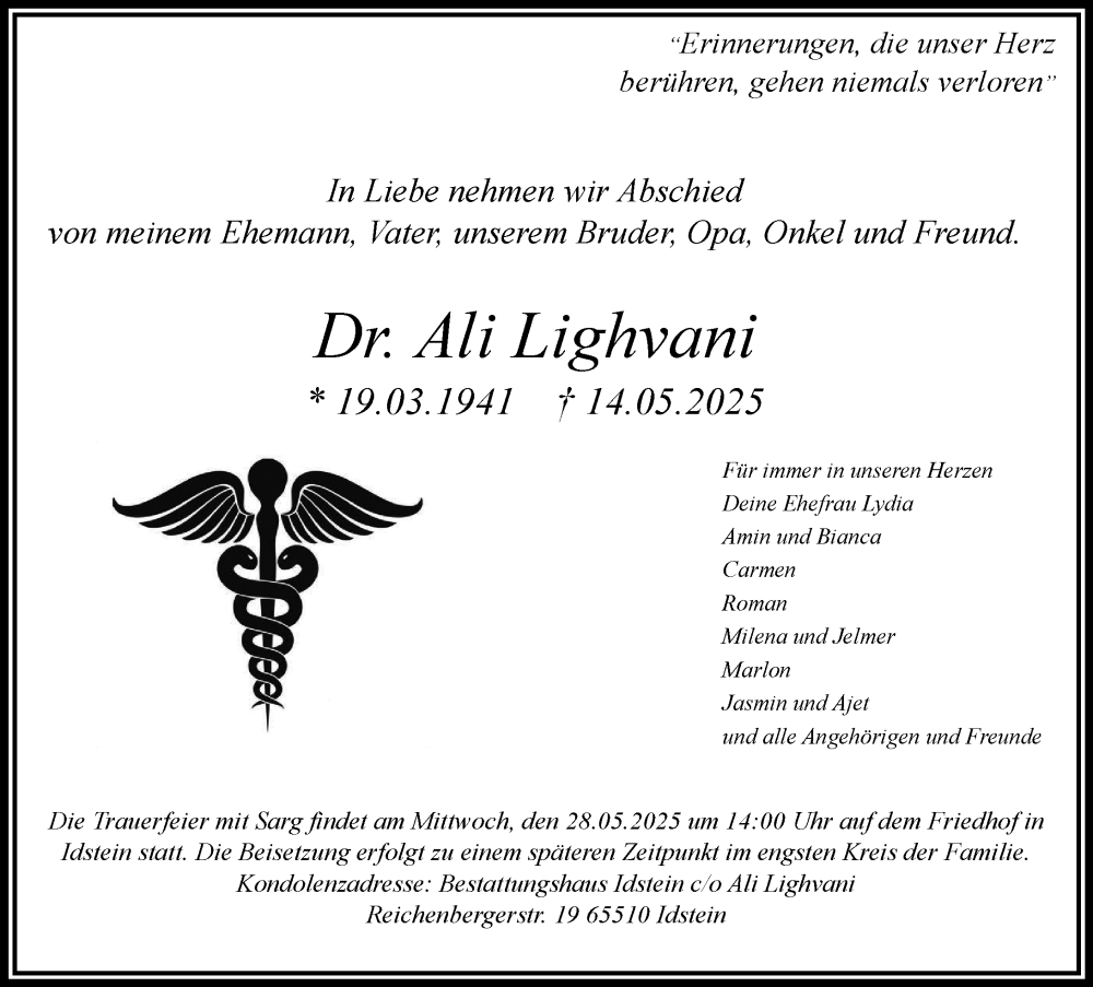  Traueranzeige für Ali Lighvani vom 24.05.2025 aus Wiesbadener Kurier