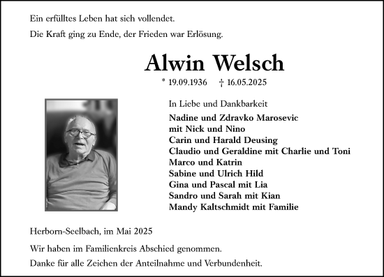 Traueranzeige von Alwin Welsch von Dill Block