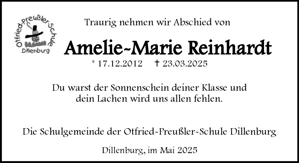  Traueranzeige für Amelie Marie Reinhardt vom 17.05.2025 aus Dill Block