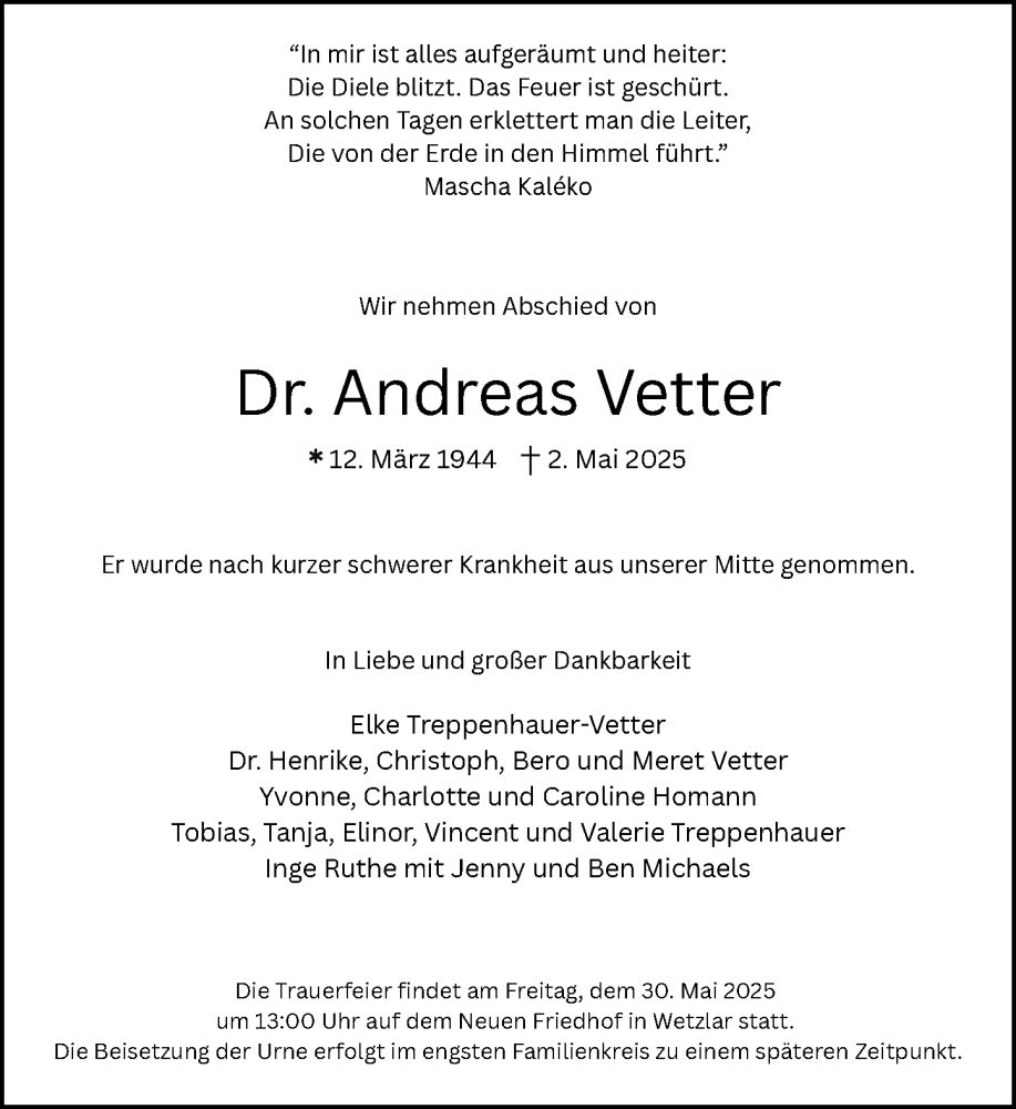  Traueranzeige für Andreas Vetter vom 10.05.2025 aus Wetzlarer Neue Zeitung