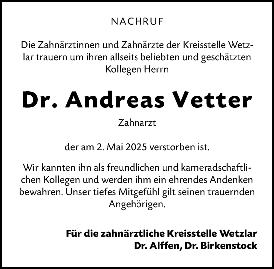 Traueranzeige von Andreas Vetter von Wetzlarer Neue Zeitung