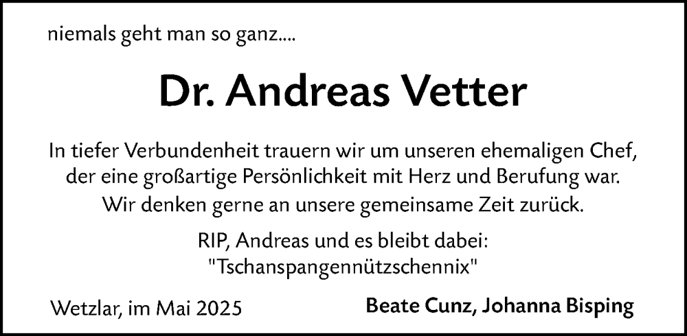  Traueranzeige für Andreas Vetter vom 17.05.2025 aus Wetzlarer Neue Zeitung