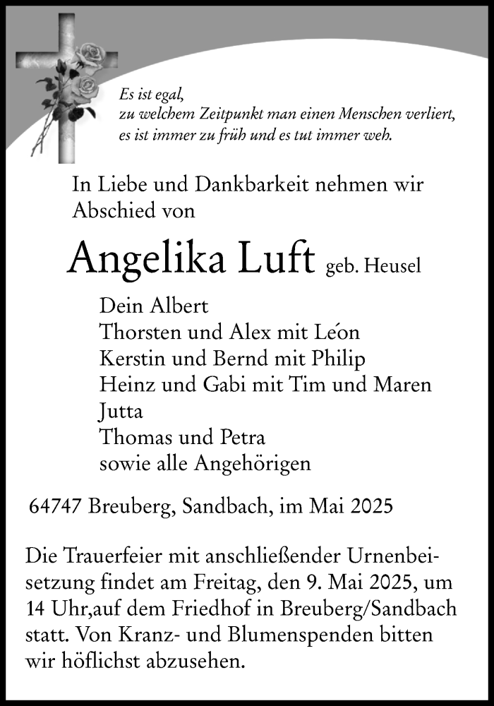  Traueranzeige für Angelika Luft vom 03.05.2025 aus Odenwälder Echo