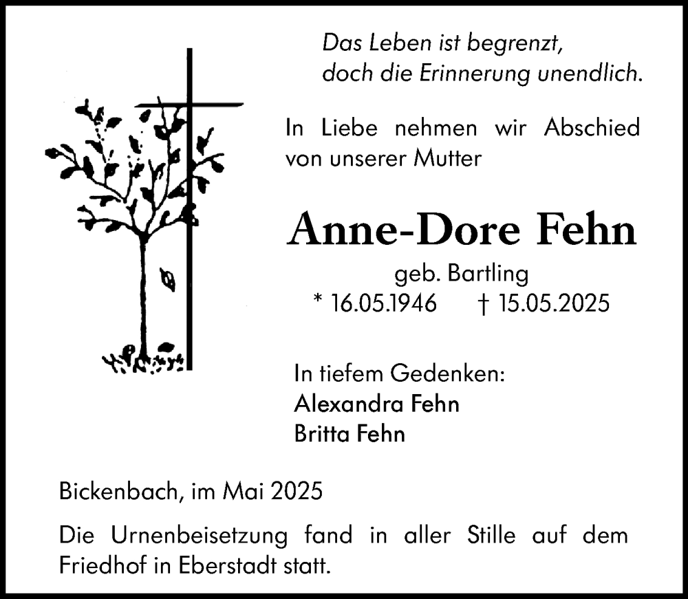  Traueranzeige für Anne-Dore Fehn vom 24.05.2025 aus Darmstädter Echo