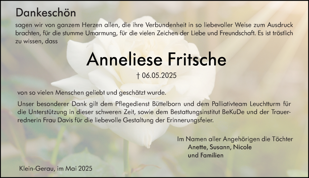  Traueranzeige für Anneliese Fritsche vom 31.05.2025 aus Groß-Gerauer Echo