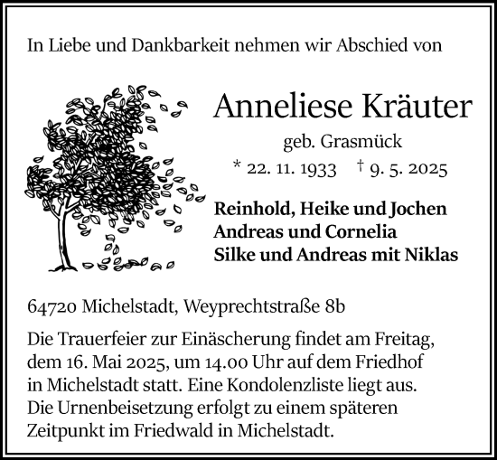 Traueranzeige von Anneliese Kräuter von Odenwälder Echo