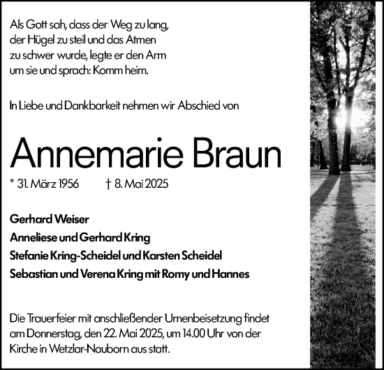 Traueranzeige von Annemarie Braun von Wetzlarer Neue Zeitung