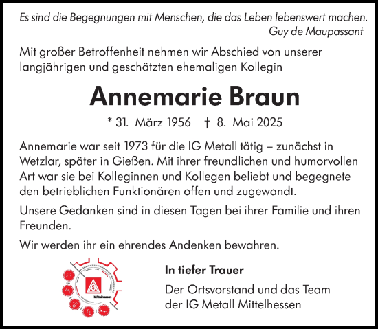 Traueranzeige von Annemarie Braun von Wetzlarer Neue Zeitung