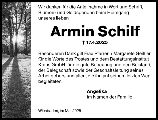 Traueranzeige von Armin Schilf von Wiesbadener Kurier