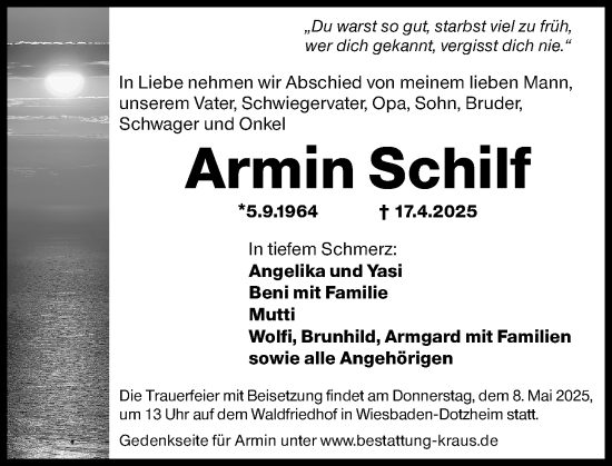 Traueranzeige von Armin Schilf von Wiesbadener Kurier