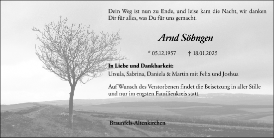 Traueranzeige von Arnd Söhngen von Wetzlarer Neue Zeitung