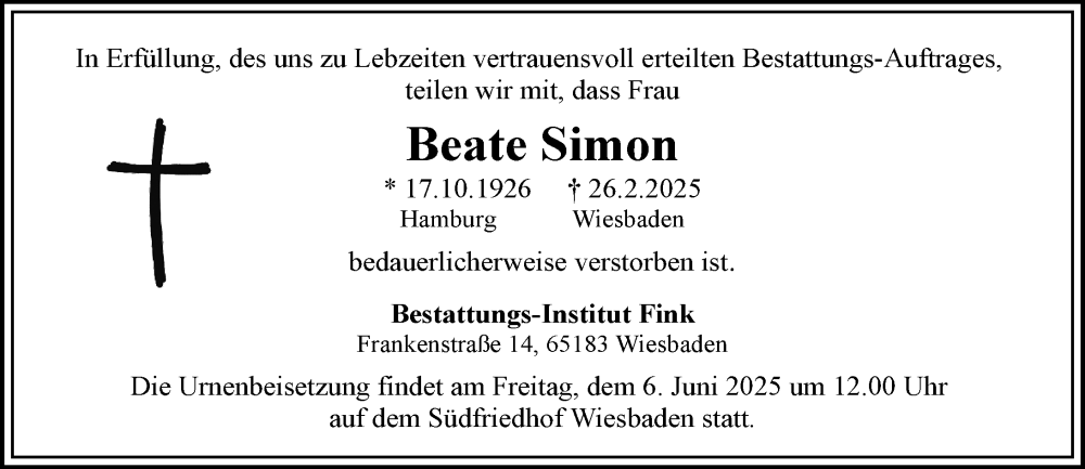  Traueranzeige für Beate Simon vom 24.05.2025 aus Wiesbadener Kurier