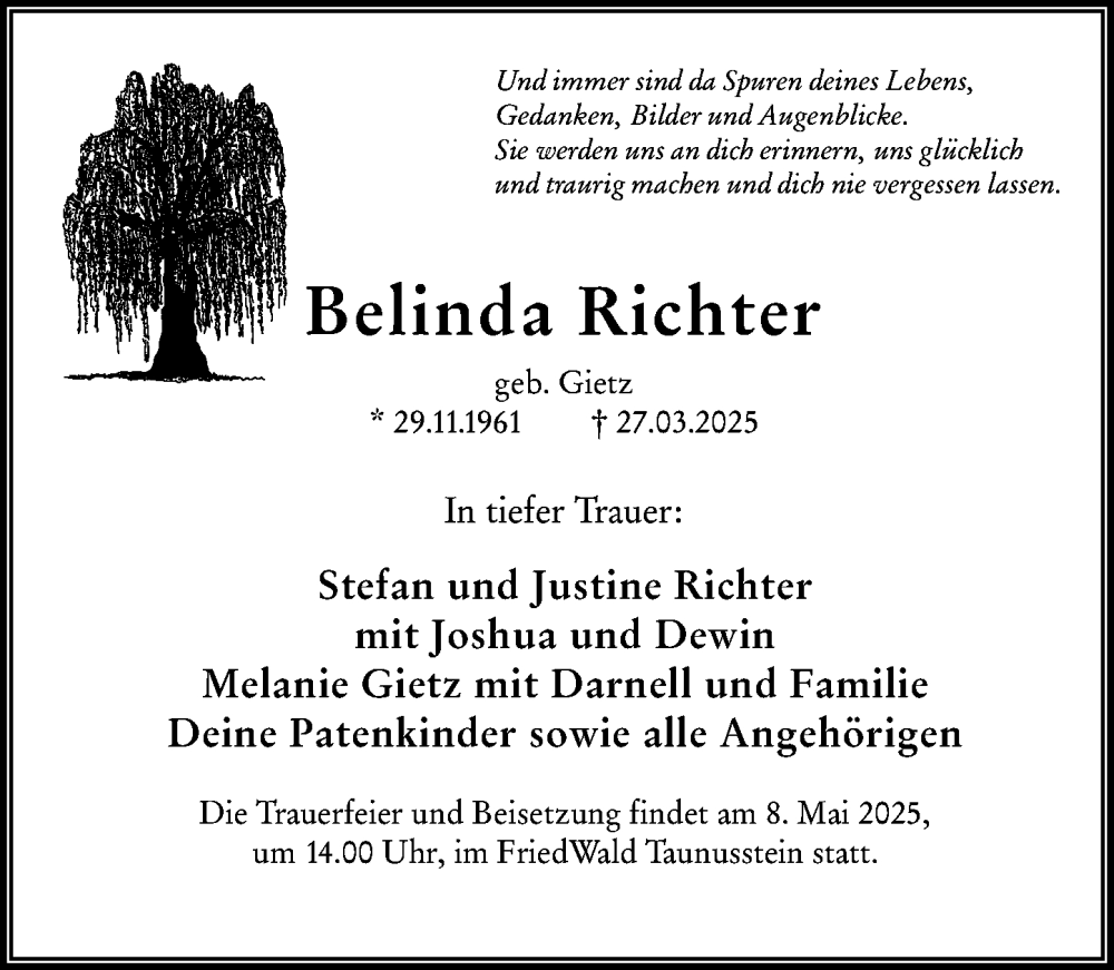 Traueranzeige für Belinda Richter vom 03.05.2025 aus Wiesbadener Kurier