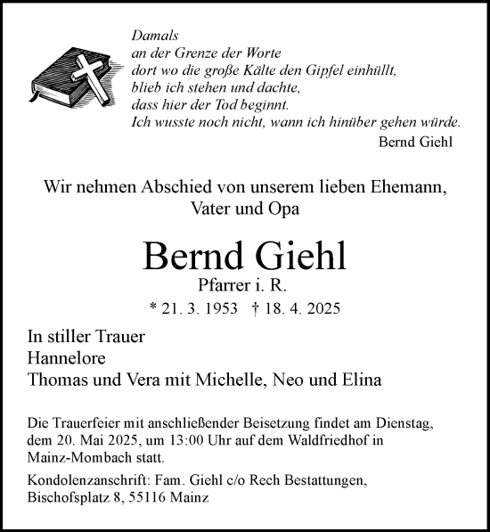 Traueranzeige von Bernd Giehl von Wiesbadener Kurier