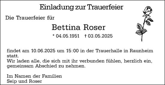 Traueranzeige von Bettina Roser von Rüsselsheimer Echo