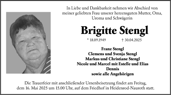 Traueranzeige von Brigitte Stengl von Wiesbadener Kurier