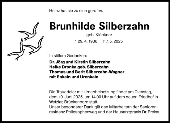 Traueranzeige von Brunhilde Silberzahn von Wetzlarer Neue Zeitung