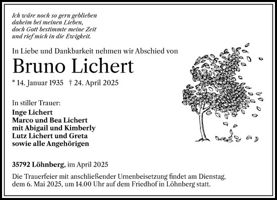 Traueranzeige von Bruno Lichert von Weilburger Tageblatt