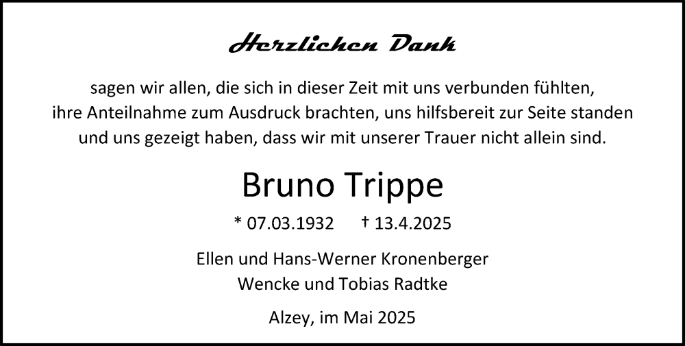  Traueranzeige für Bruno Trippe vom 24.05.2025 aus Allgemeine Zeitung Alzey