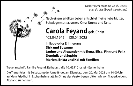 Traueranzeige von Carola Feyand von Idsteiner Land/Untertaunus