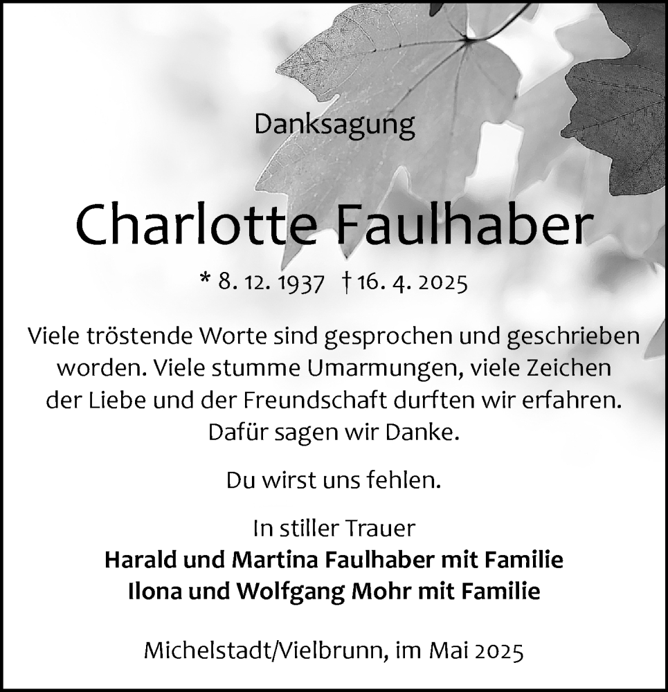  Traueranzeige für Charlotte Faulhaber vom 17.05.2025 aus Odenwälder Echo