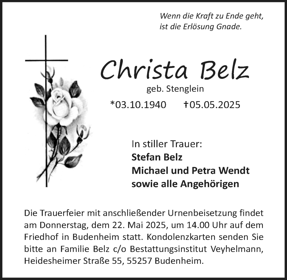  Traueranzeige für Christa Belz vom 17.05.2025 aus Allgemeine Zeitung Mainz
