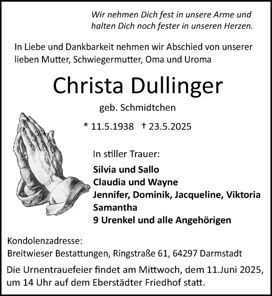 Traueranzeige von Christa Dullinger von Darmstädter Echo