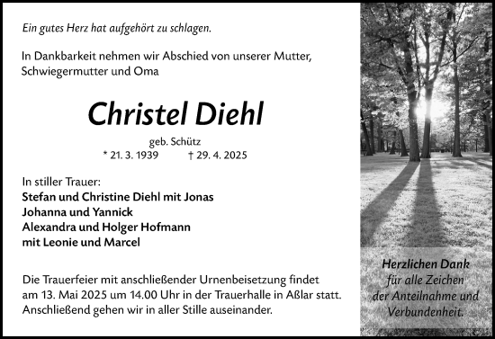 Traueranzeige von Christel Diehl von Wetzlarer Neue Zeitung