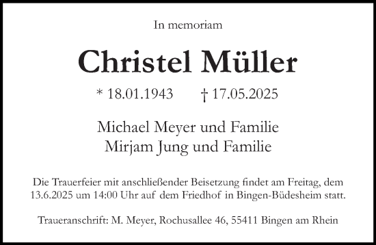 Traueranzeige von Christel Müller von Allgemeine Zeitung Rheinhessen-Nahe