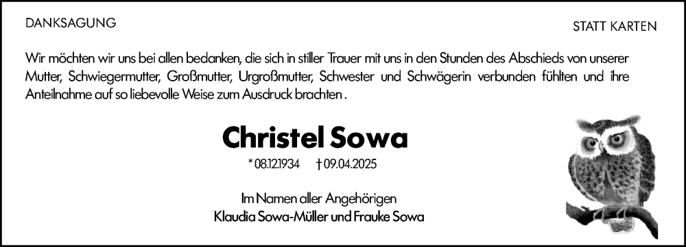  Traueranzeige für Christel Sowa vom 10.05.2025 aus Wetzlarer Neue Zeitung