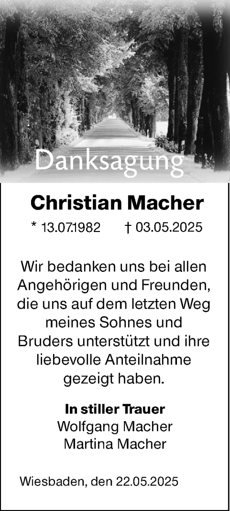 Traueranzeige von Christian Macher von Wiesbadener Kurier