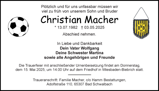 Traueranzeige von Christian Macher von Wiesbadener Kurier