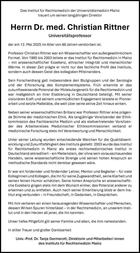  Traueranzeige für Christian Rittner vom 24.05.2025 aus Allgemeine Zeitung Mainz