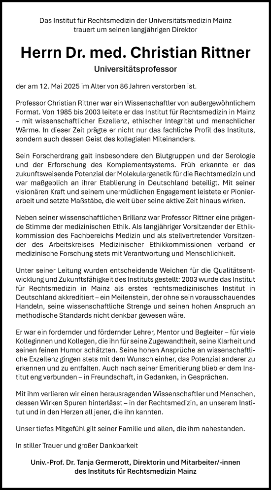 Traueranzeige von Christian Rittner von Allgemeine Zeitung Mainz